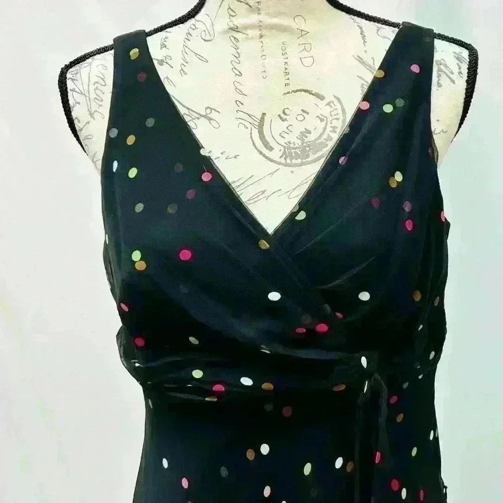 Anne Klein Silk Sleeveless Ruffle Front Slit Midi Dress Black w/Dots Sz 10 - Picture 4 of 10